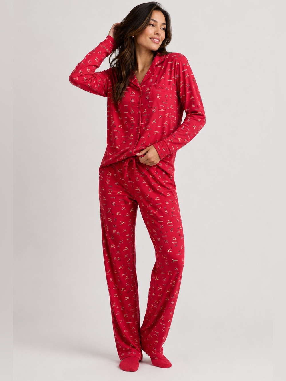 SKIMS Long Sleeve Button Up Sleep Set | Cranberry Vintage Deer Print | Size L